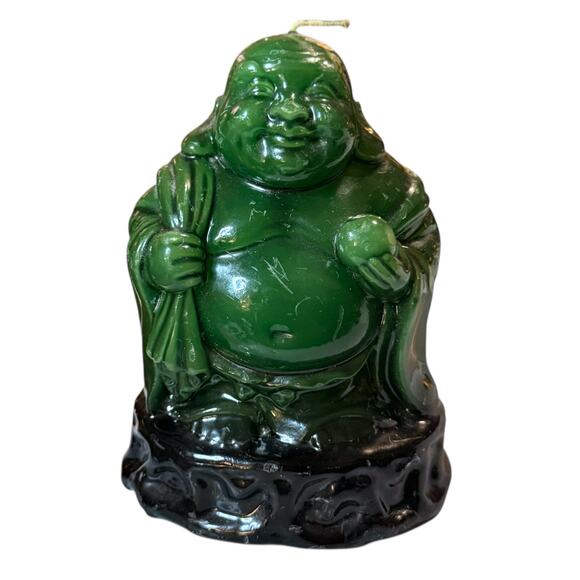 Vintage 70s Lucky Buddha Candle Green Black Wax Distressed 5.25 in - Picture 2 of 14